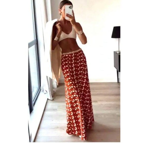 Zara Linen Blend Maxi Skirt Beaded Waist Rust Orange Geometric Print Large - Picture 1 of 16